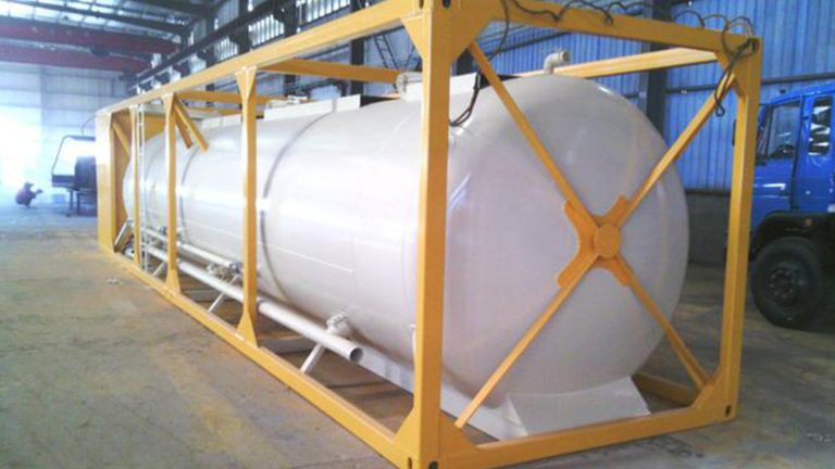 Reinforced ISO tank container with yellow steel frame for mobile fuel storage by Shijie Heavy Industry