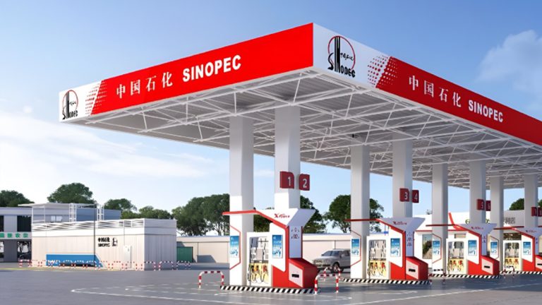 Modern retail gas station steel canopy with integrated branding and lighting